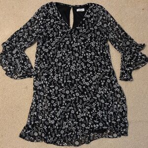 Calvin Klein Black & White Floral Dress with Bell Sleeves and Keyhole Back
